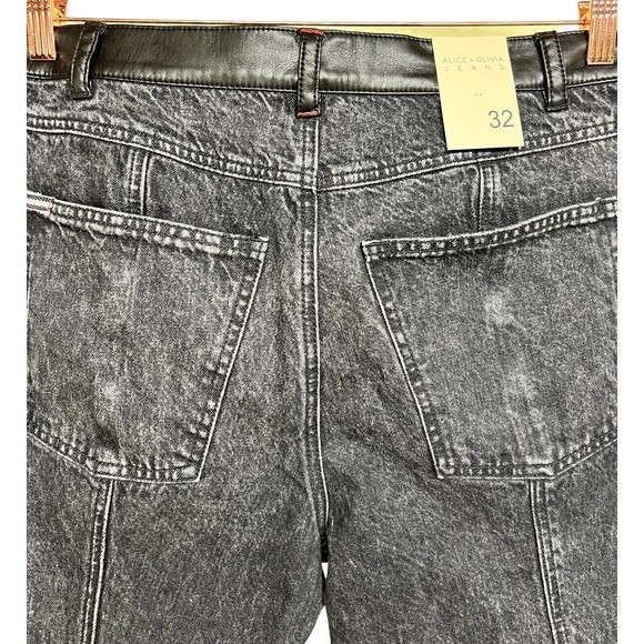 Alice + Olivia Jenny Faux Leather-Trimmed Mid-Rise Tapered Jeans Black‎ Size 32 - Picture 4 of 12